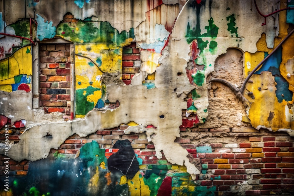 Fototapeta premium Close-up of brick wall with peeling paint in vibrant colors