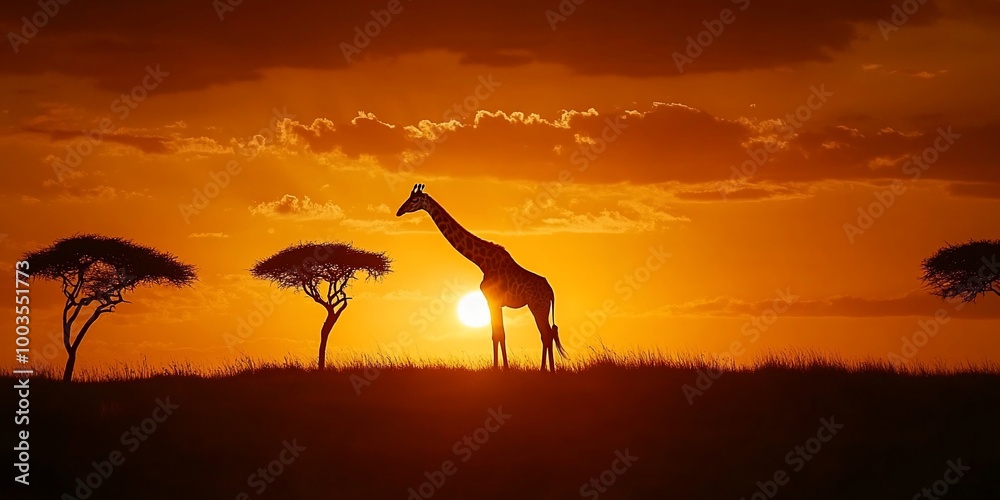 Silhouette of a giraffe against a fiery sunset with trees and horizon in the savanna. Silhouette of a giraffe against a fiery sunset with trees and horizon in the savanna.