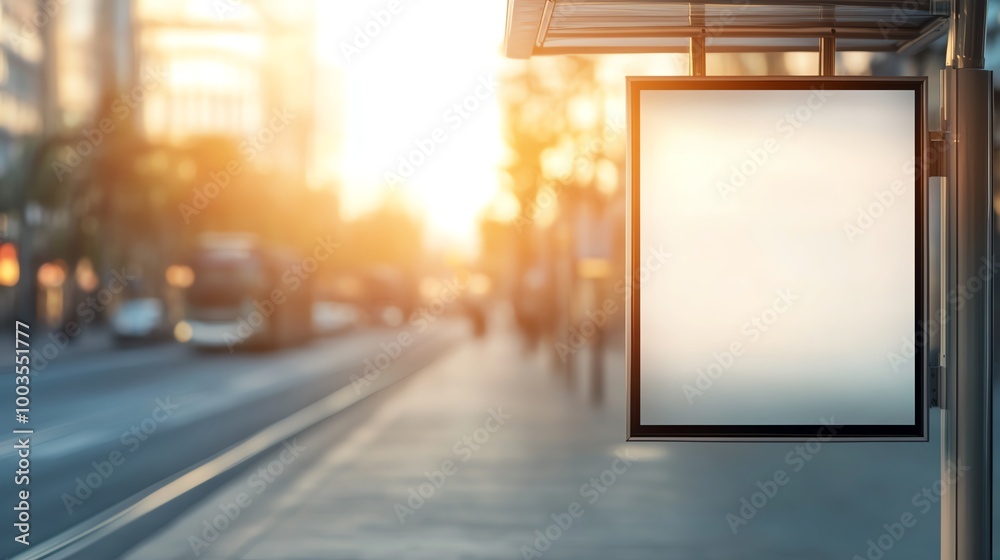 Blank billboard at a bus stop, city street, morning sunlight, empty background. Blank billboard at a bus stop, city street, morning sunlight, empty background.