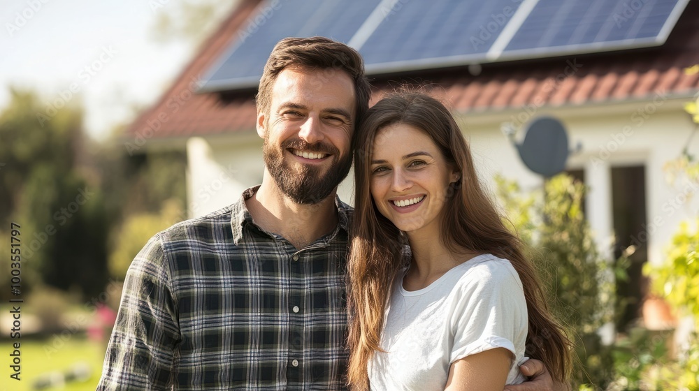 Fototapeta premium happy couple in front of house with solar panels