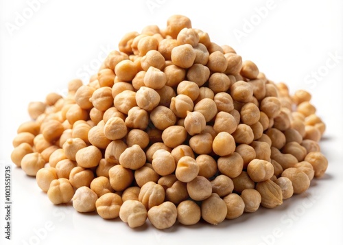 Organic chickpeas showcase their natural textures, beautifully contrasting against a pristine white background,