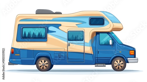 Colorful camper van with blue and yellow design on a white isolated background.