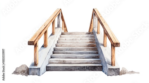 Concrete stairs with wooden railing, isolated on white background.