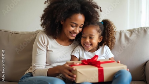 Mother and Daughter Opening Gift: Joyful Family Moment Sharing Present on Couch at Home