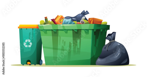 Large dumpster overflowing with garbage, next to a recycling bin and trash bag. Vector cartoon illustration