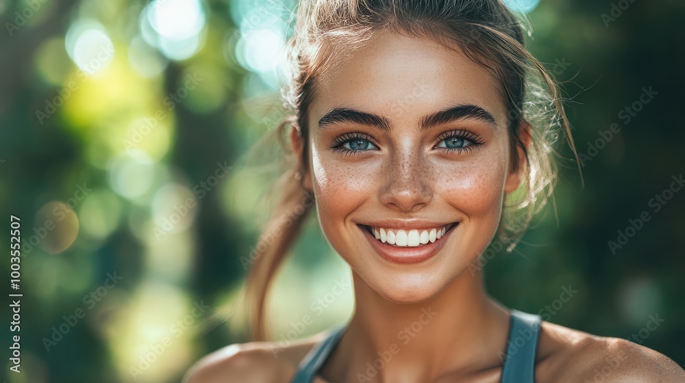 healthy woman with beautiful smile. trail running, marathon, triathlon running, outdoor nature. generative ai