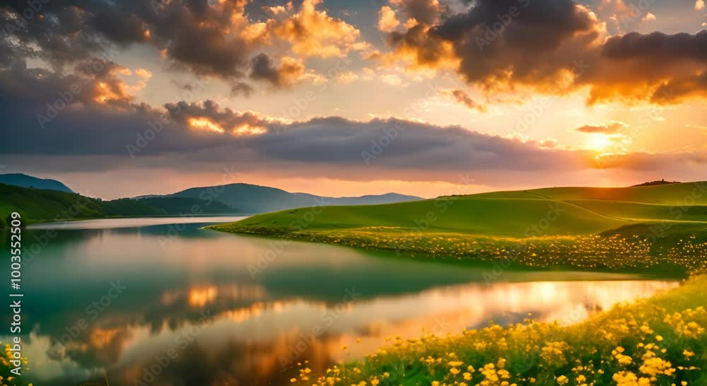 a warm sunset reflects on the still lake, while yellow flowers and green hills add magic to the tranquil scene a warm sunset reflects on the still lake, while yellow flowers and green hills add magic to the tranquil scene