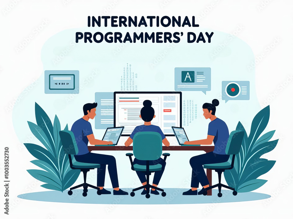 Naklejka premium International Programmers' Day Illustration: Collaborative Coding Scene with Diverse Team Working on Computer Projects