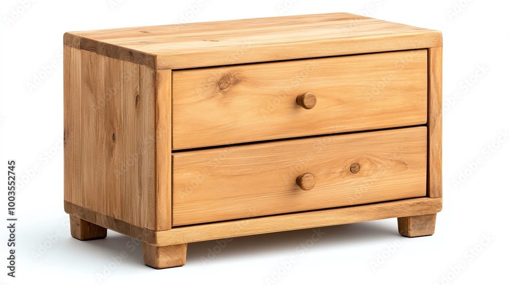 Wooden bedside table with two drawers, natural finish, isolated on white background. Wooden bedside table with two drawers, natural finish, isolated on white background.