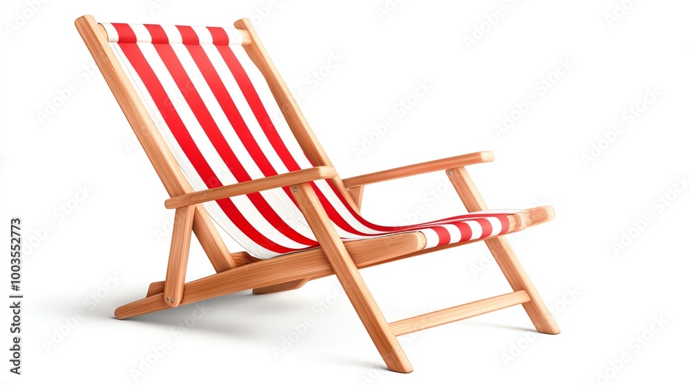 Wooden deck chair with red and white stripes, isolated on a white background. Wooden deck chair with red and white stripes, isolated on a white background.