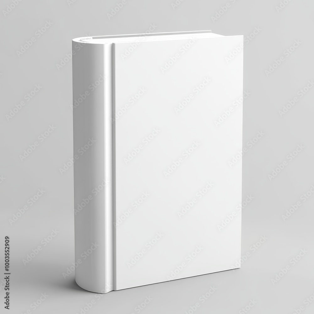 A single white book stands on a gray surface with its spine facing the viewer. The book is a blank template for designing your own cover. A single white book stands on a gray surface with its spine facing the viewer. The book is a blank template for designing your own cover.