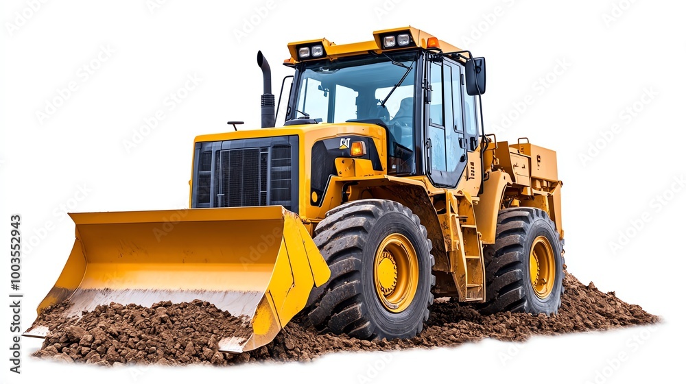 Yellow construction bulldozer on dirt pile, white isolate background Yellow construction bulldozer on dirt pile, white isolate background
