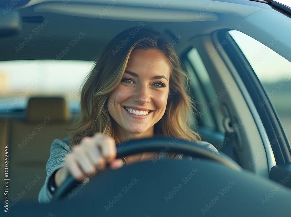 Woman Driving Car Smiling: Happy Female Driver Enjoying Road Trip in Sunlit Vehicle