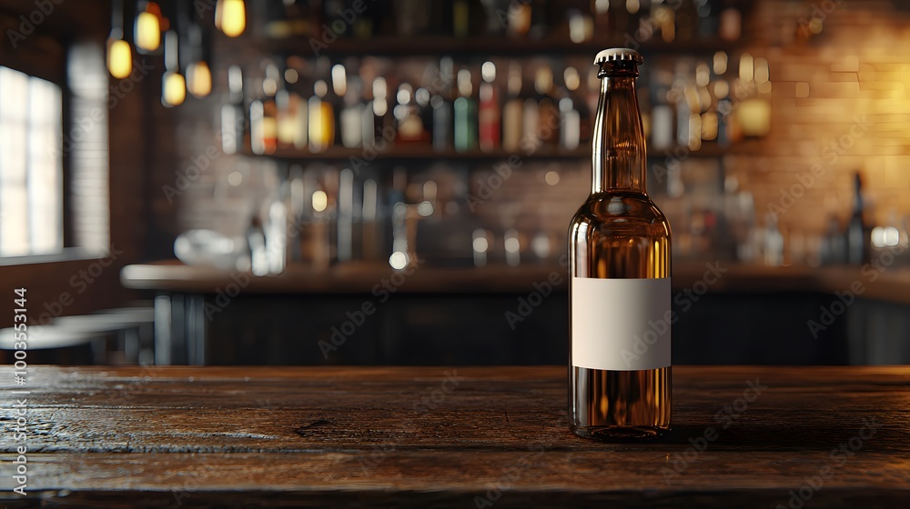 Beer Bottle on Bar Counter with Blank Label. Beer Bottle on Bar Counter with Blank Label.