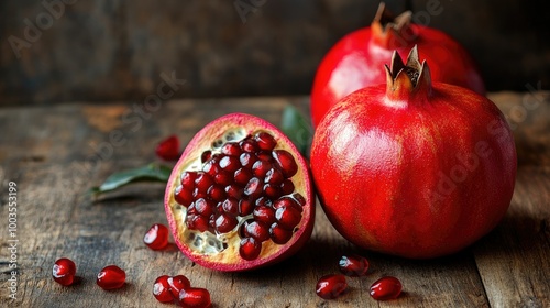 Whole and half pomegranate with rich red seeds laid on a rustic wood table, natural textures in the background enhancing the earthy feel.