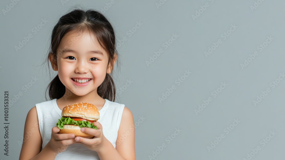 Korean little girl smile holding hamburger fast food for student lunch Korean little girl smile holding hamburger fast food for student lunch