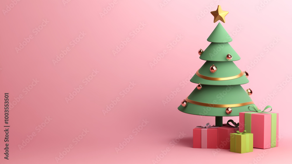 Colorful Christmas tree with presents on a pink background, celebrating the holiday spirit in a cheerful and festive atmosphere Colorful Christmas tree with presents on a pink background, celebrating the holiday spirit in a cheerful and festive atmosphere