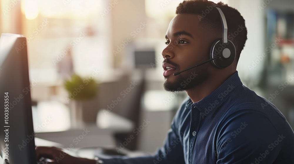 Wearing a headset and working at a computer, young man working in ...