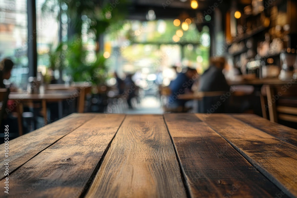Rustic wooden table with blurred background of people in a cafe. Rustic wooden table with blurred background of people in a cafe.
