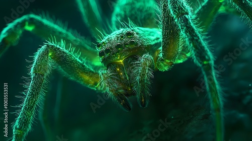 Close-up of a Green Spider with Glowing Eyes.