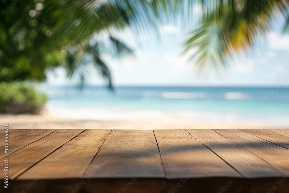 Wooden table top with blurred background of tropical beach. Wooden table top with blurred background of tropical beach.
