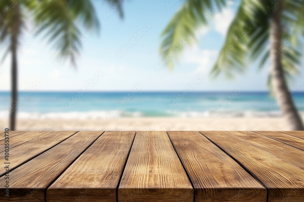 Wooden table with a blurred background of a beach with palm trees. Wooden table with a blurred background of a beach with palm trees.