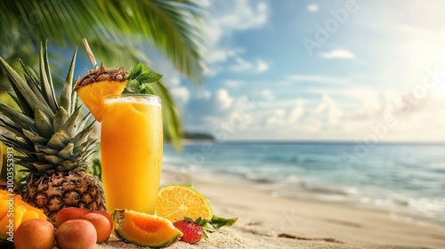 A glass of pineapple juice with fruit garnishes on a tropical beach.