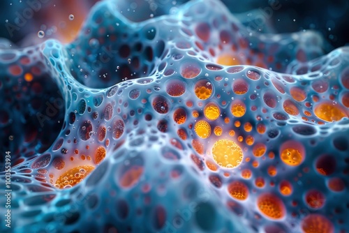 blue and orange colors bacteria under the microscope. invisible world. science, microbiology, and laboratory research. structure and microbial life.
