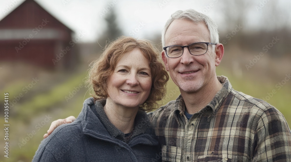 Middle aged caucasian couple living on a farm in the countryside smiling portrait Middle aged caucasian couple living on a farm in the countryside smiling portrait