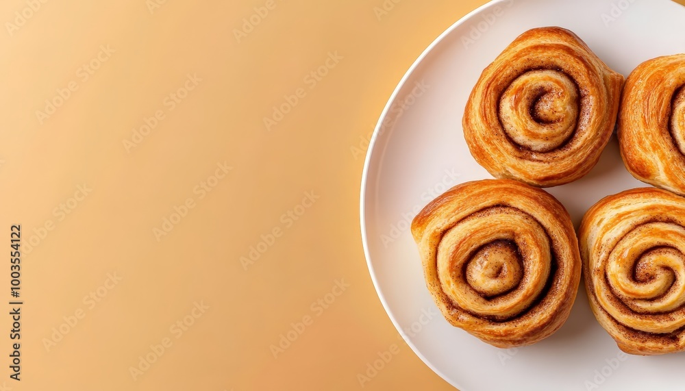 Fototapeta premium Cinnamon Rolls on White Plate with Orange Background