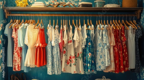 Many colorful dresses hang on hangers. This photo can be used to advertise a clothing store or an online shop.