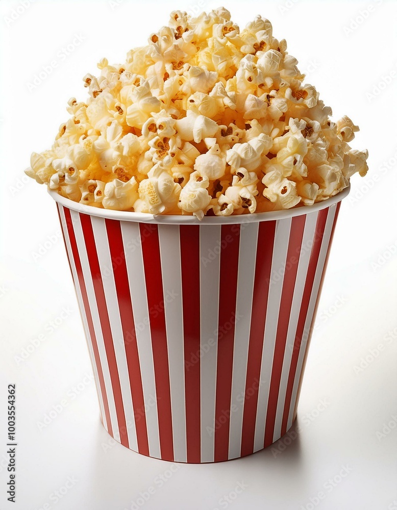 Popcorn in a striped bucket isolated on a white background. Popcorn in a striped bucket isolated on a white background.