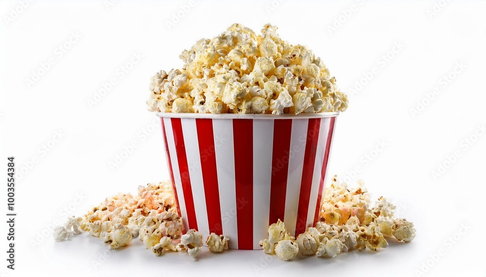 Popcorn in a striped bucket isolated on a white background.