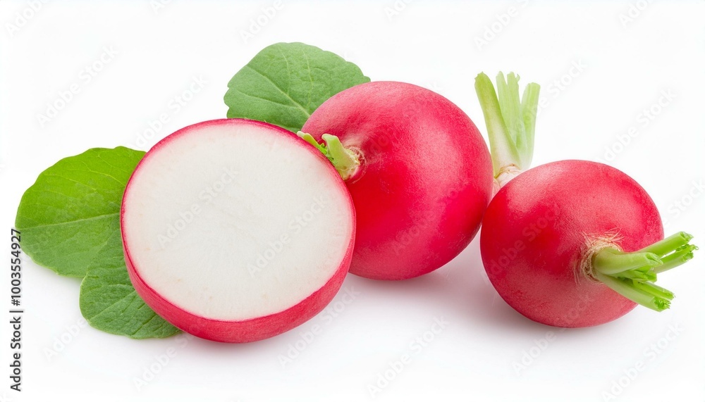 Radish isolated. Fresh radish and half a radish on a white background. Radish isolated. Fresh radish and half a radish on a white background.