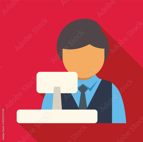 Cashier standing at cash desk accepting payment, colorful flat design icon with long shadow on red background