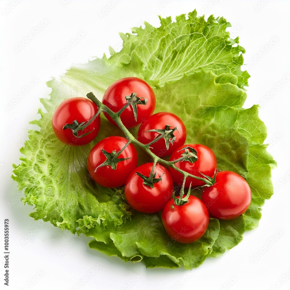 Ripe red cherry tomatoes bunch on green lettuce leaf isolated on white background. Fresh vegetables ingredients.