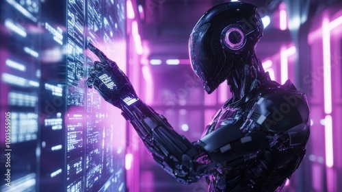 Humanoid cyborg with a bionic hand plugged into a futuristic AI supercomputer, neon-lit