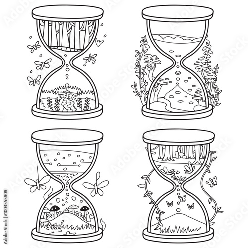 Enchanted Hourglasses: Mystical Realms in Line Art
