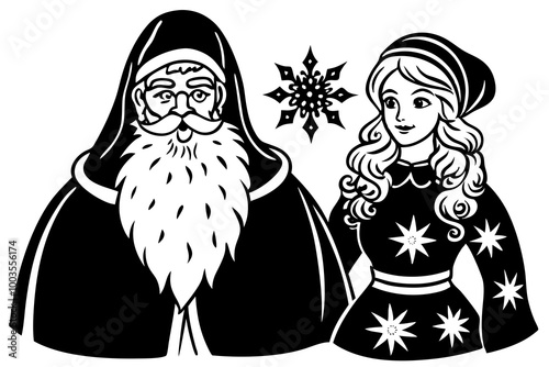 santa claus and snow maiden black and white drawing