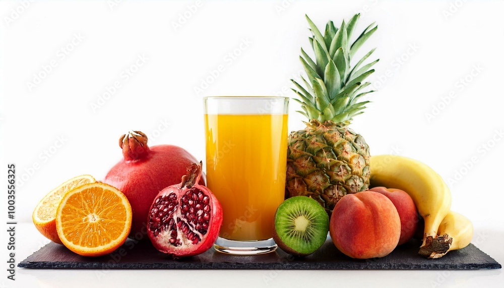 Drink isolated. Glass of freshly squeezed juice, pineapple, peach, pomegranate, orange, watermelon, banana juice on a white background. Fresh drinks	
