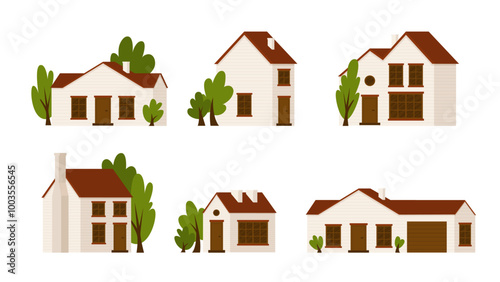 Set of country houses of low height with trees. Peaceful village life in your own house. Element for urban and rural landscape. Sale and rent of real estate. Vector illustration in cartoon style.