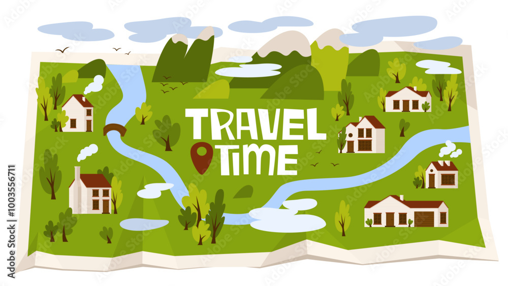 Rural map with mountains, forest, village houses. Inscription travel time. Adventures and explorations in country life. Wild nature. Vector illustration in cartoon style. Rural map with mountains, forest, village houses. Inscription travel time. Adventures and explorations in country life. Wild nature. Vector illustration in cartoon style.
