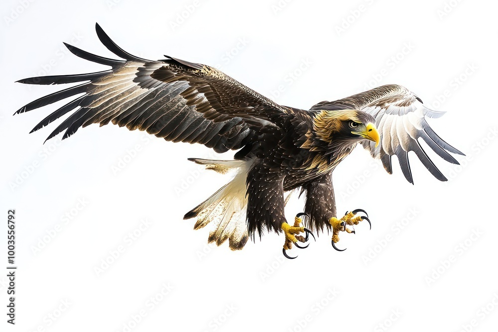 Obraz premium A Golden Eagle in Flight With Its Wings Spread Wide Against A White Background.