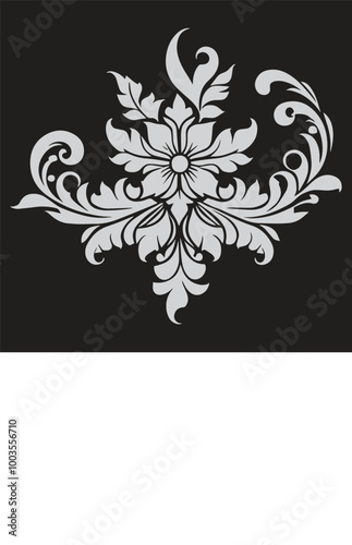 Elegant floral ornament with intricate swirls and leaves in monochrome an black background