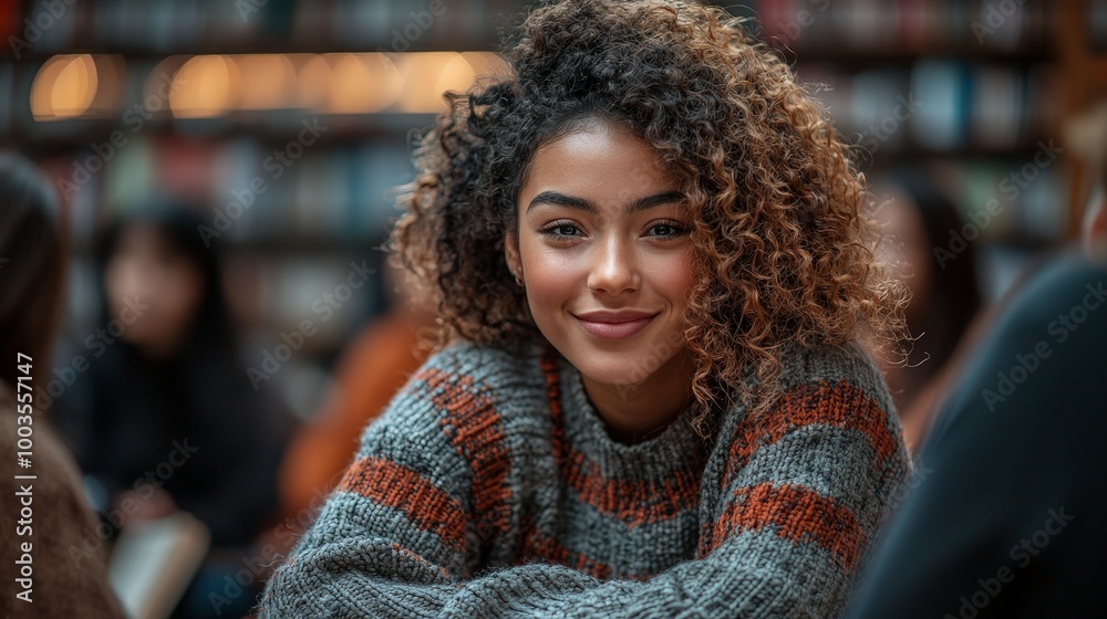 A smiling young woman with curly hair sits at a table in a cozy library setting. A smiling young woman with curly hair sits at a table in a cozy library setting.