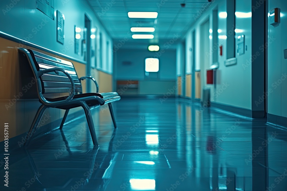 Empty bench in hospital hallway. Perfect for depicting loneliness, isolation, or waiting.