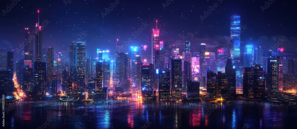 A vibrant cityscape with towering skyscrapers illuminated by colorful lights against a starry night sky reflected in the water. A vibrant cityscape with towering skyscrapers illuminated by colorful lights against a starry night sky reflected in the water.