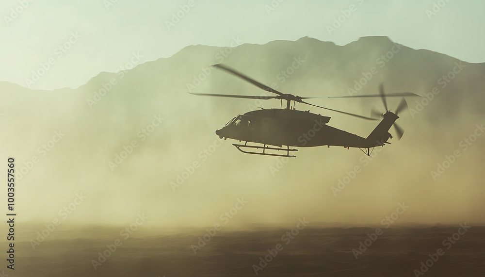 Black Hawk Helicopter Ascending in a Dusty Desert Landscape Black Hawk Helicopter Ascending in a Dusty Desert Landscape