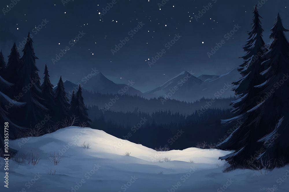 Light pollution casting a glow over a snowy winter landscape with distant mountains, the night sky obscured by artificial light with copy space. Light pollution casting a glow over a snowy winter landscape with distant mountains, the night sky obscured by artificial light with copy space.
