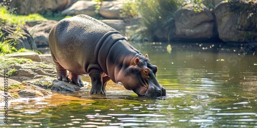 Hippo in a zoo habitat on a sunny summer day, drinking from a water pond, serves as a large brown wild animal for educational and conservation purposes, attracting many visitors.